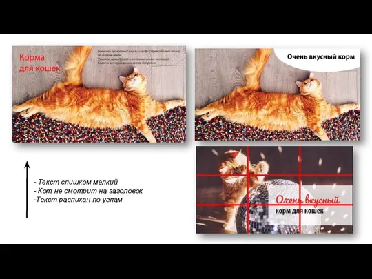 Текст слишком мелкий Кот не смотрит на заголовок Текст распихан по углам