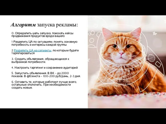 Алгоритм запуска рекламы: 0. Определить цель запуска, поискать кейсы продвижения продуктов