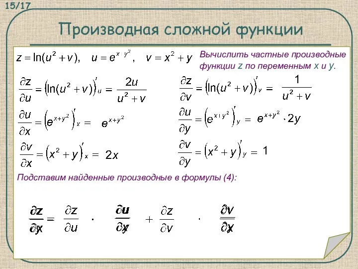 Производная сложной функции Вычислить частные производные функции z по переменным x