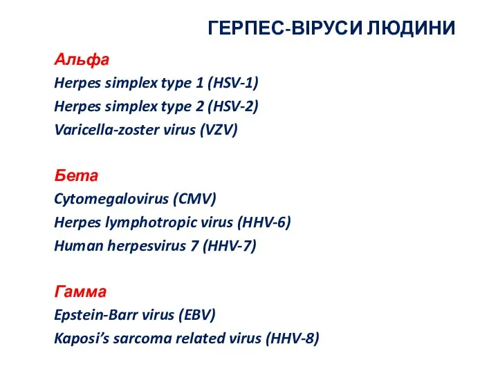 ГЕРПЕС-ВІРУСИ ЛЮДИНИ Альфа Herpes simplex type 1 (HSV-1) Herpes simplex type