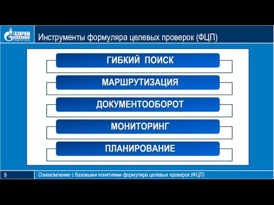 Блок тезиса Инструменты формуляра целевых проверок (ФЦП) Ознакомление с базовыми понятиями формуляра целевых проверок (ФЦП) 9