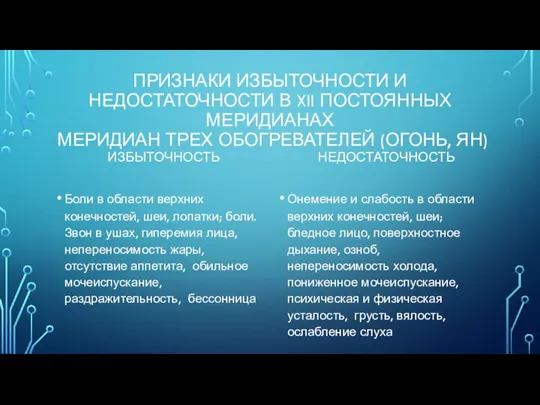 ПРИЗНАКИ ИЗБЫТОЧНОСТИ И НЕДОСТАТОЧНОСТИ В XII ПОСТОЯННЫХ МЕРИДИАНАХ МЕРИДИАН ТРЕХ ОБОГРЕВАТЕЛЕЙ