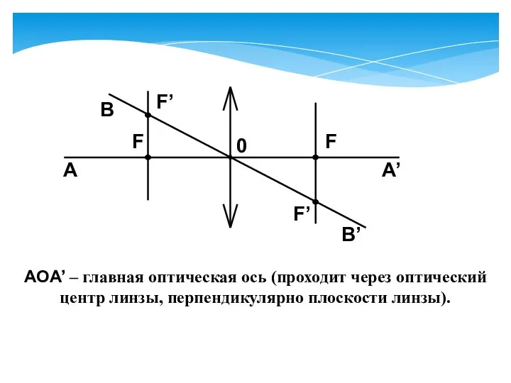 AOA’ – главная оптическая ось (проходит через оптический центр линзы, перпендикулярно плоскости линзы).