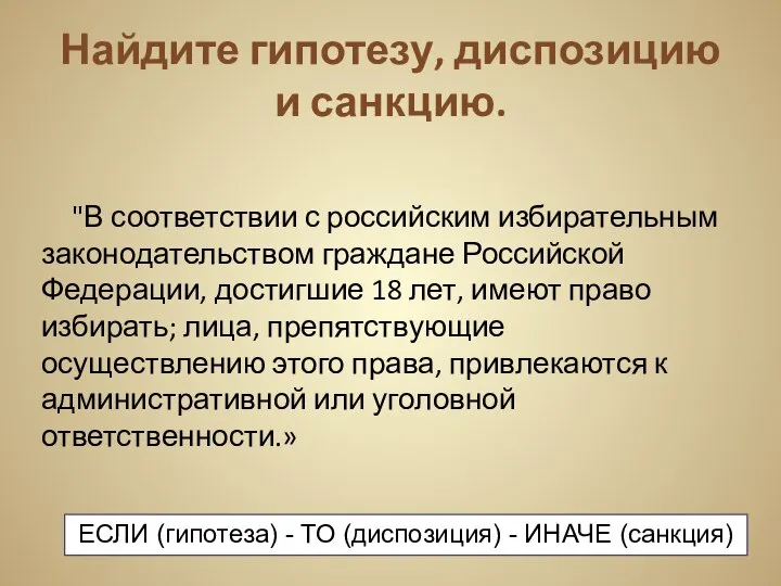 Найдите гипотезу, диспозицию и санкцию. "В соответствии с российским избирательным законодательством