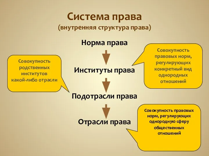 Система права (внутренняя структура права) Норма права Институты права Подотрасли права