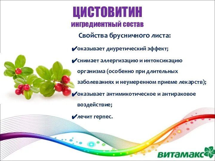 ЦИСТОВИТИН ингредиентный состав Свойства брусничного листа: оказывает диуретический эффект; снимает аллергизацию