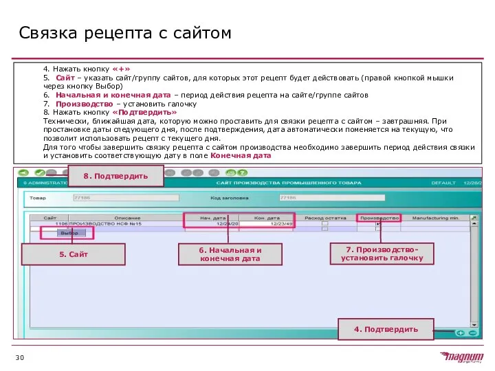 Связка рецепта с сайтом 4. Нажать кнопку «+» 5. Сайт –