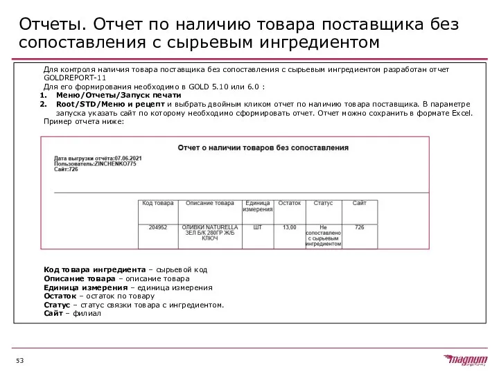 Отчеты. Отчет по наличию товара поставщика без сопоставления с сырьевым ингредиентом