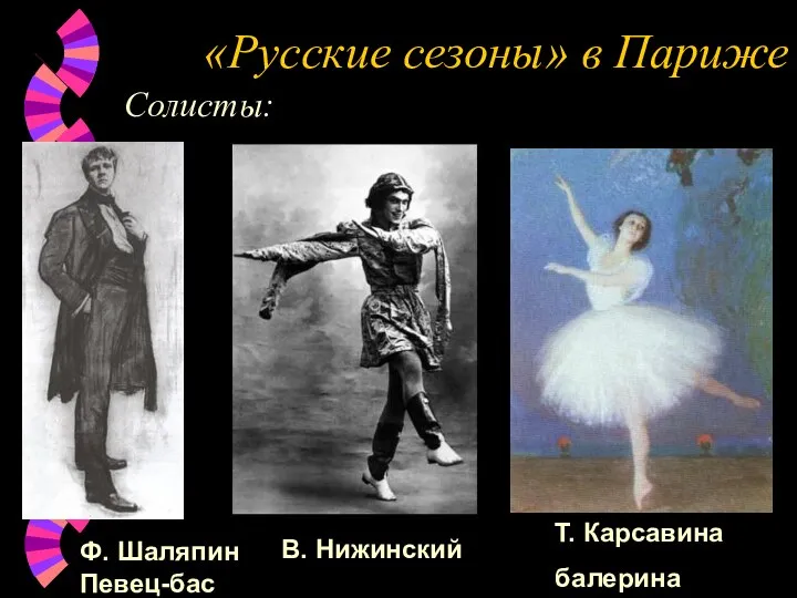 «Русские сезоны» в Париже Солисты: Ф. Шаляпин Певец-бас Т. Карсавина балерина В. Нижинский