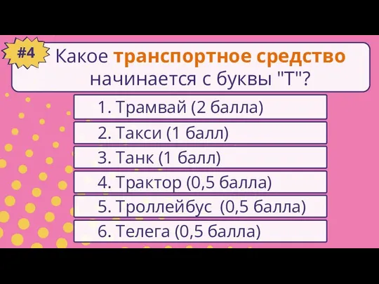 Какое транспортное средство начинается с буквы "Т"? 1. Трамвай (2 балла)