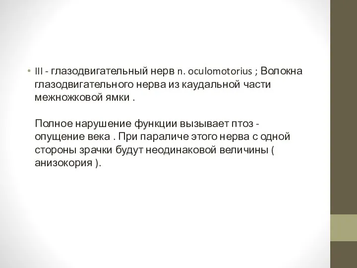 III - глазодвигательный нерв n. oculomotorius ; Волокна глазодвигательного нерва из