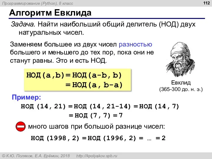 Алгоритм Евклида Задача. Найти наибольший общий делитель (НОД) двух натуральных чисел.