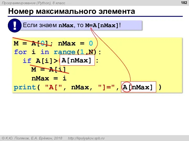 Номер максимального элемента M = A[0]; nMax = 0 for i