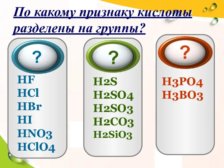 По какому признаку кислоты разделены на группы? HF HCl HBr HI