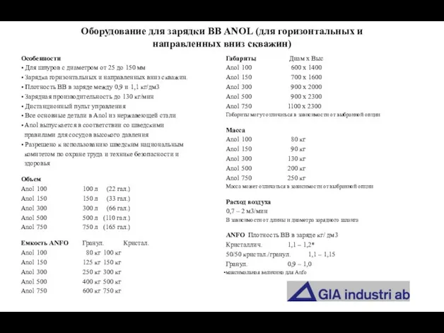 Оборудование для зарядки ВВ ANOL (для горизонтальных и направленных вниз скважин)