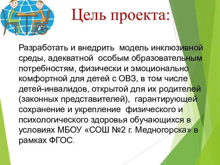 Цель проекта: Разработать и внедрить модель инклюзивной среды, адекватной особым образовательным