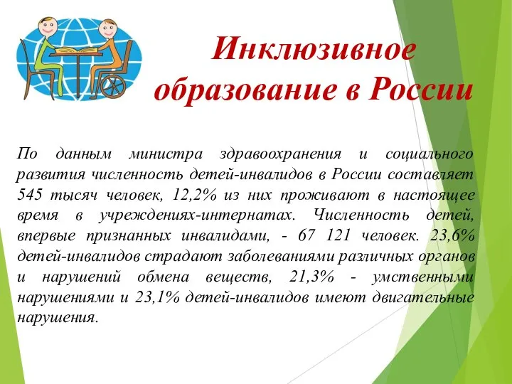 Инклюзивное образование в России По данным министра здравоохранения и социального развития