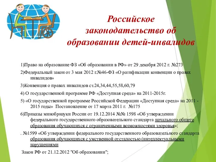 Российское законодательство об образовании детей-инвалидов 1)Право на образование ФЗ «Об образовании