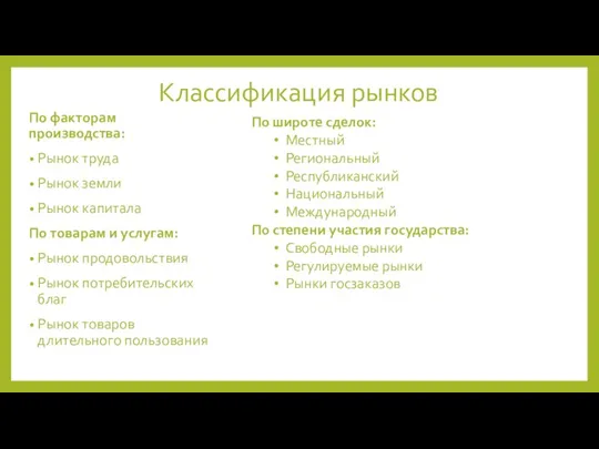 Классификация рынков По факторам производства: Рынок труда Рынок земли Рынок капитала