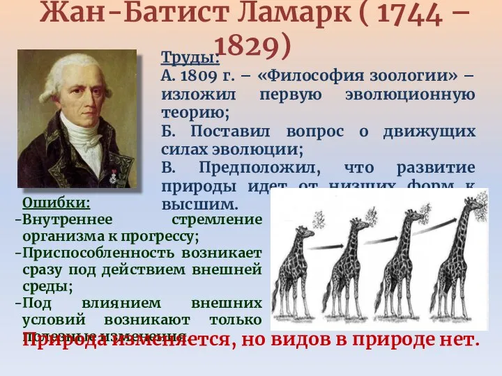 Жан-Батист Ламарк ( 1744 – 1829) Труды: А. 1809 г. –