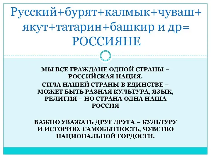 МЫ ВСЕ ГРАЖДАНЕ ОДНОЙ СТРАНЫ – РОССИЙСКАЯ НАЦИЯ. СИЛА НАШЕЙ СТРАНЫ