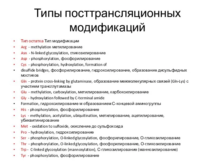 Типы посттрансляционных модификаций Тип остатка Тип модификации Arg - methylation метилирование