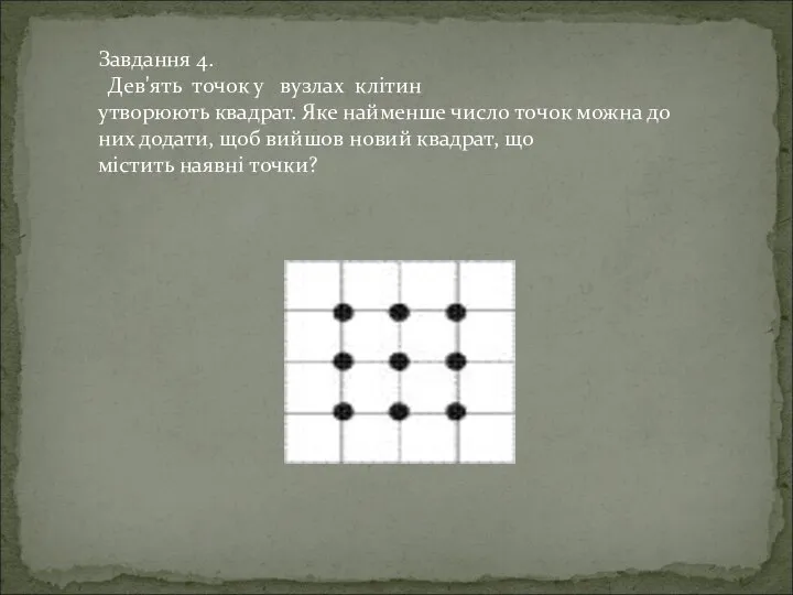 Завдання 4. Дев'ять точок у вузлах клітин утворюють квадрат. Яке найменше