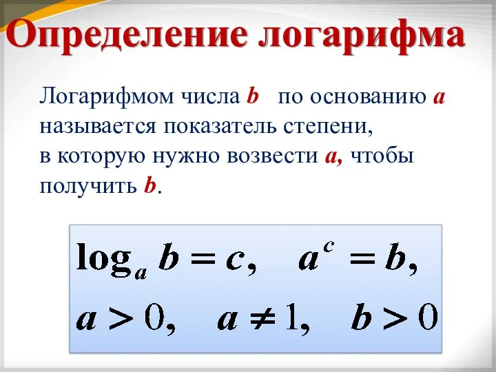 Определение логарифма Логарифмом числа b по основанию а называется показатель степени,