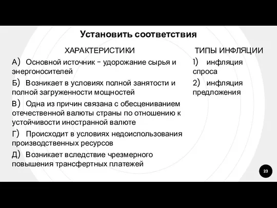 Установить соответствия ХАРАКТЕРИСТИКИ А) Основной источник - удорожание сырья и энергоносителей