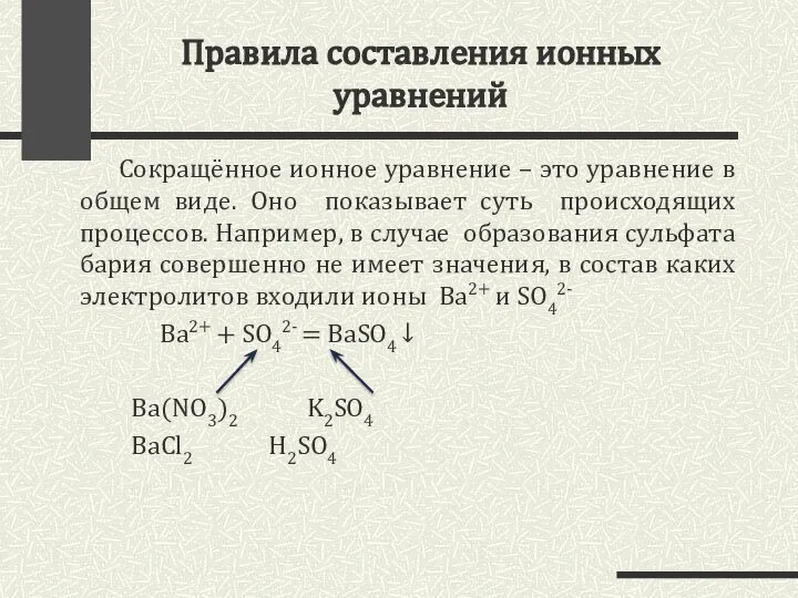 Правила составления ионных уравнений Сокращённое ионное уравнение – это уравнение в