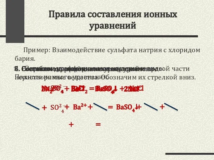Правила составления ионных уравнений Пример: Взаимодействие сульфата натрия с хлоридом бария.