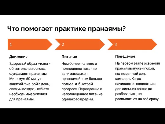 Что помогает практике пранаямы? 1 Движение Здоровый образ жизни – обязательная