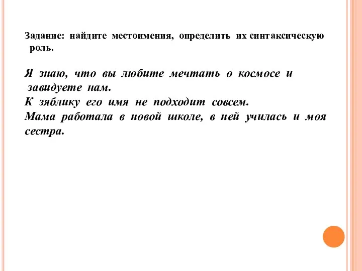 Задание: найдите местоимения, определить их синтаксическую роль. Я знаю, что вы