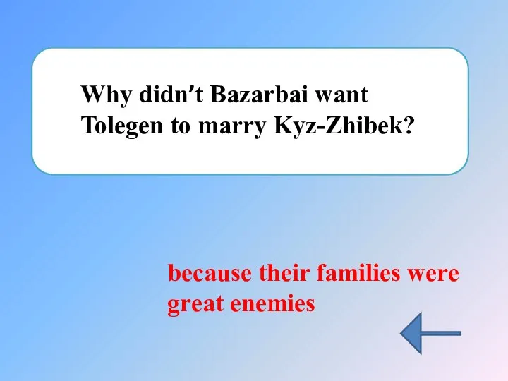 Why didn’t Bazarbai want Tolegen to marry Kyz-Zhibek? because their families were great enemies