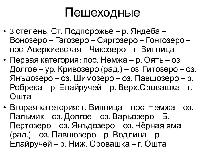 Пешеходные 3 степень: Ст. Подпорожье – р. Яндеба – Вонозеро –