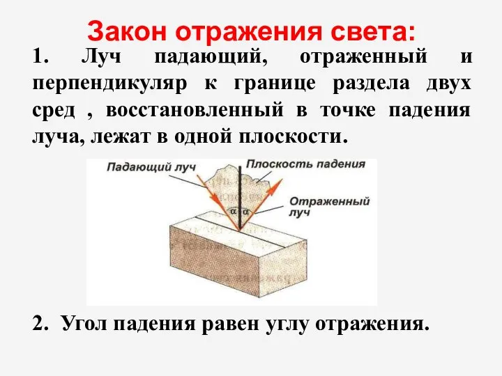 1. Луч падающий, отраженный и перпендикуляр к границе раздела двух сред