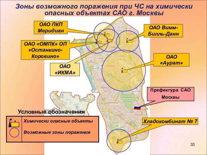 Зоны возможного поражения при ЧС на химически опасных объектах САО г. Москвы Условные обозначения