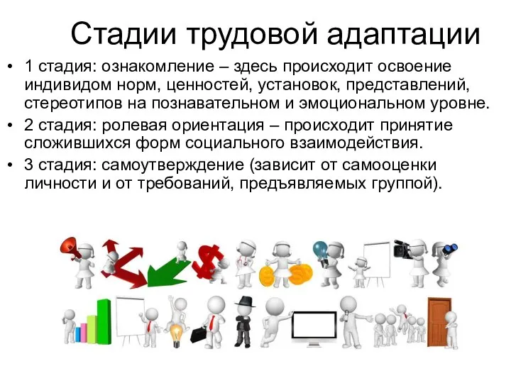 Стадии трудовой адаптации 1 стадия: ознакомление – здесь происходит освоение индивидом