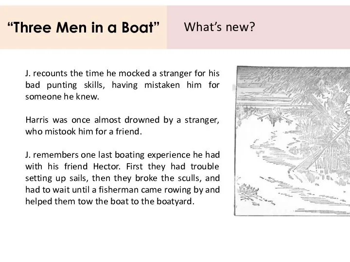 “Three Men in a Boat” What’s new? J. recounts the time