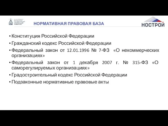 НОРМАТИВНАЯ ПРАВОВАЯ БАЗА Конституция Российской Федерации Гражданский кодекс Российской Федерации Федеральный