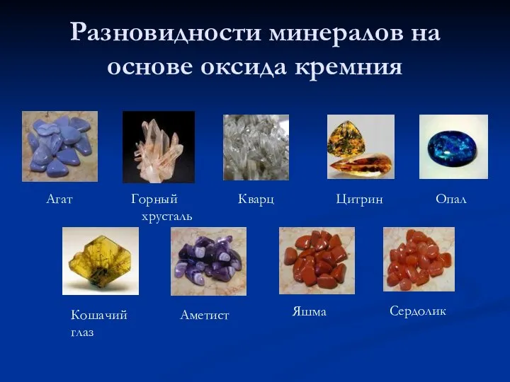 Разновидности минералов на основе оксида кремния Агат Горный хрусталь Кварц Цитрин