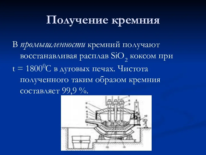 Получение кремния В промышленности кремний получают восстанавливая расплав SiO2 коксом при