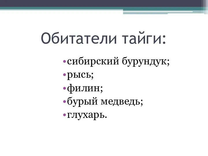 Обитатели тайги: сибирский бурундук; рысь; филин; бурый медведь; глухарь.