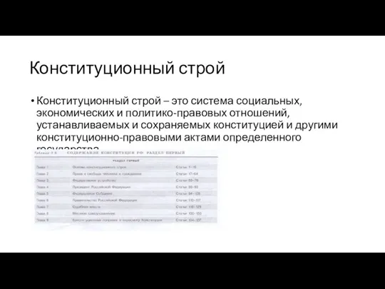 Конституционный строй Конституционный строй – это система социальных, экономических и политико-правовых