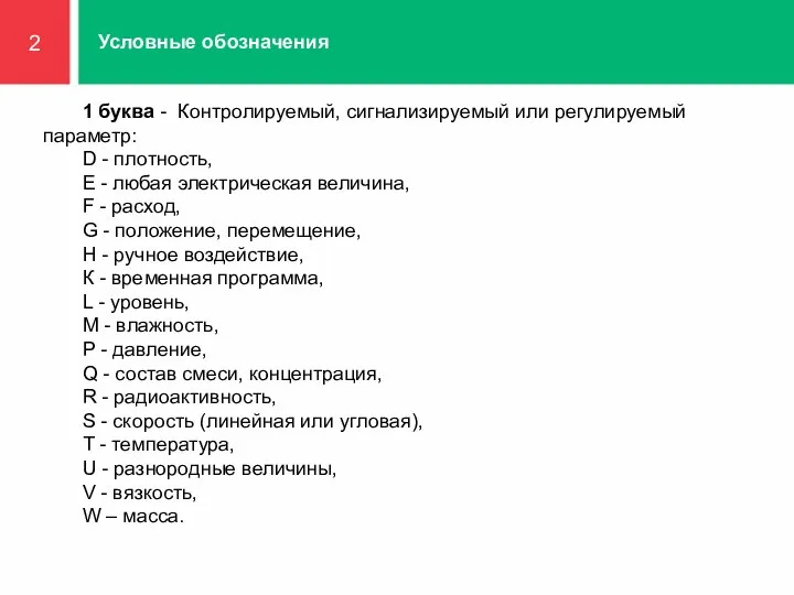 2 Условные обозначения 1 буква - Контролируемый, сигнализируемый или регулируемый параметр: