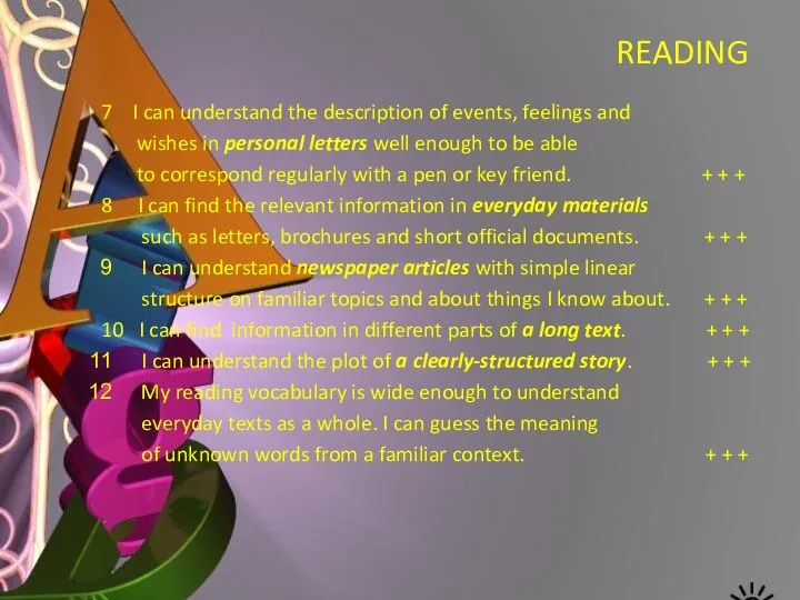 READING 7 I can understand the description of events, feelings and