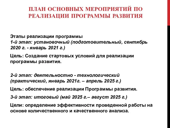 ПЛАН ОСНОВНЫХ МЕРОПРИЯТИЙ ПО РЕАЛИЗАЦИИ ПРОГРАММЫ РАЗВИТИЯ Этапы реализации программы 1-й