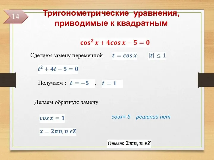 Делаем обратную замену Сделаем замену переменной Получаем : , 14 Тригонометрические