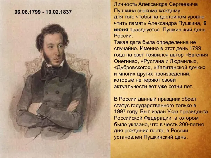 Личность Александра Сергеевича Пушкина знакома каждому. для того чтобы на достойном