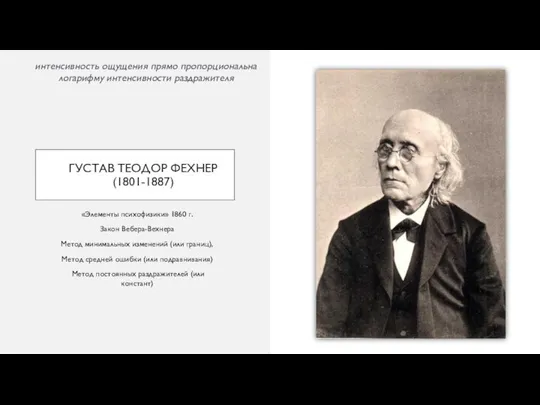 ГУСТАВ ТЕОДОР ФЕХНЕР (1801-1887) «Элементы психофизики» 1860 г. Закон Вебера-Вехнера Метод